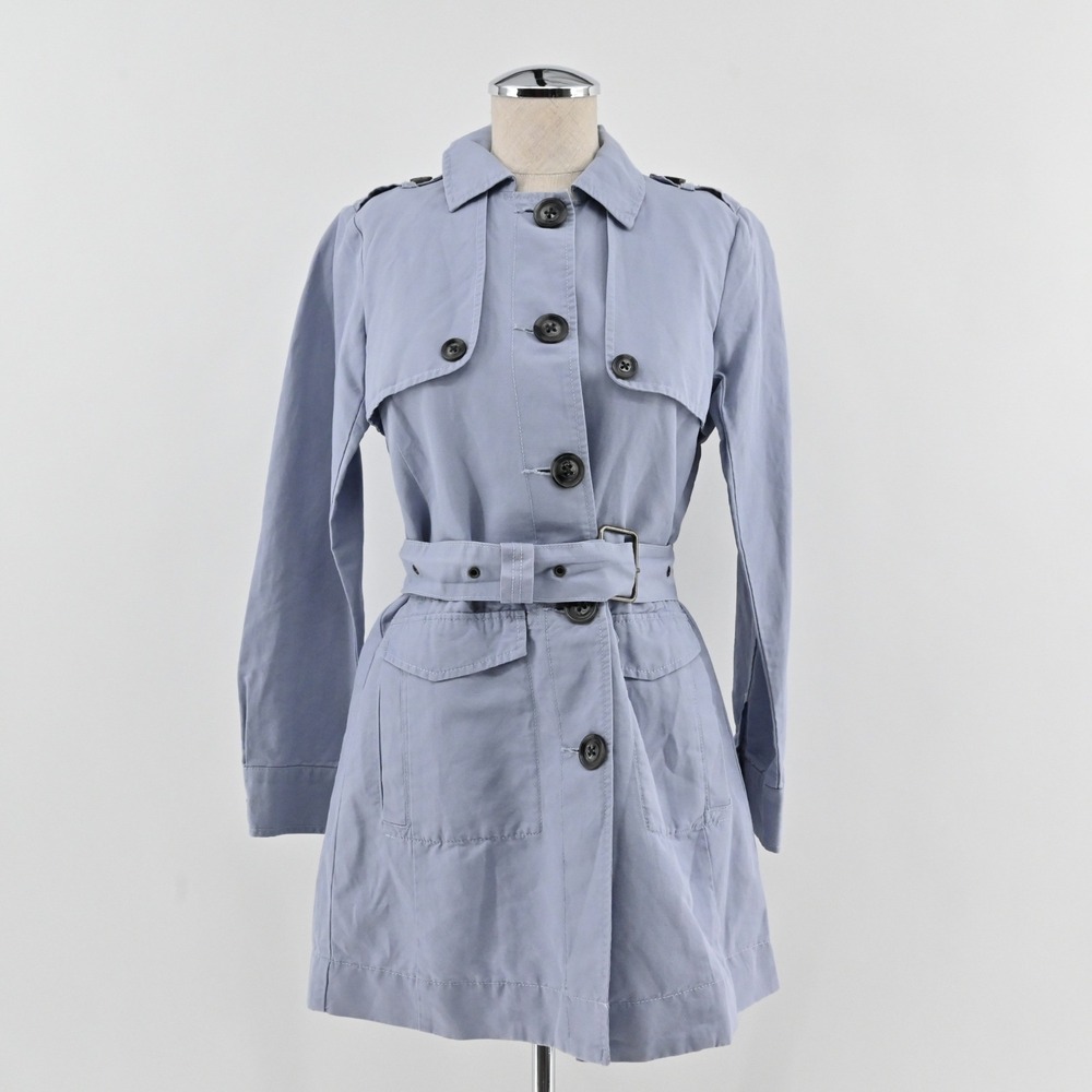 Cabi Tanner Trench Coat Womens Size XXS Blue Linen Cotton Belted Jacket 5296